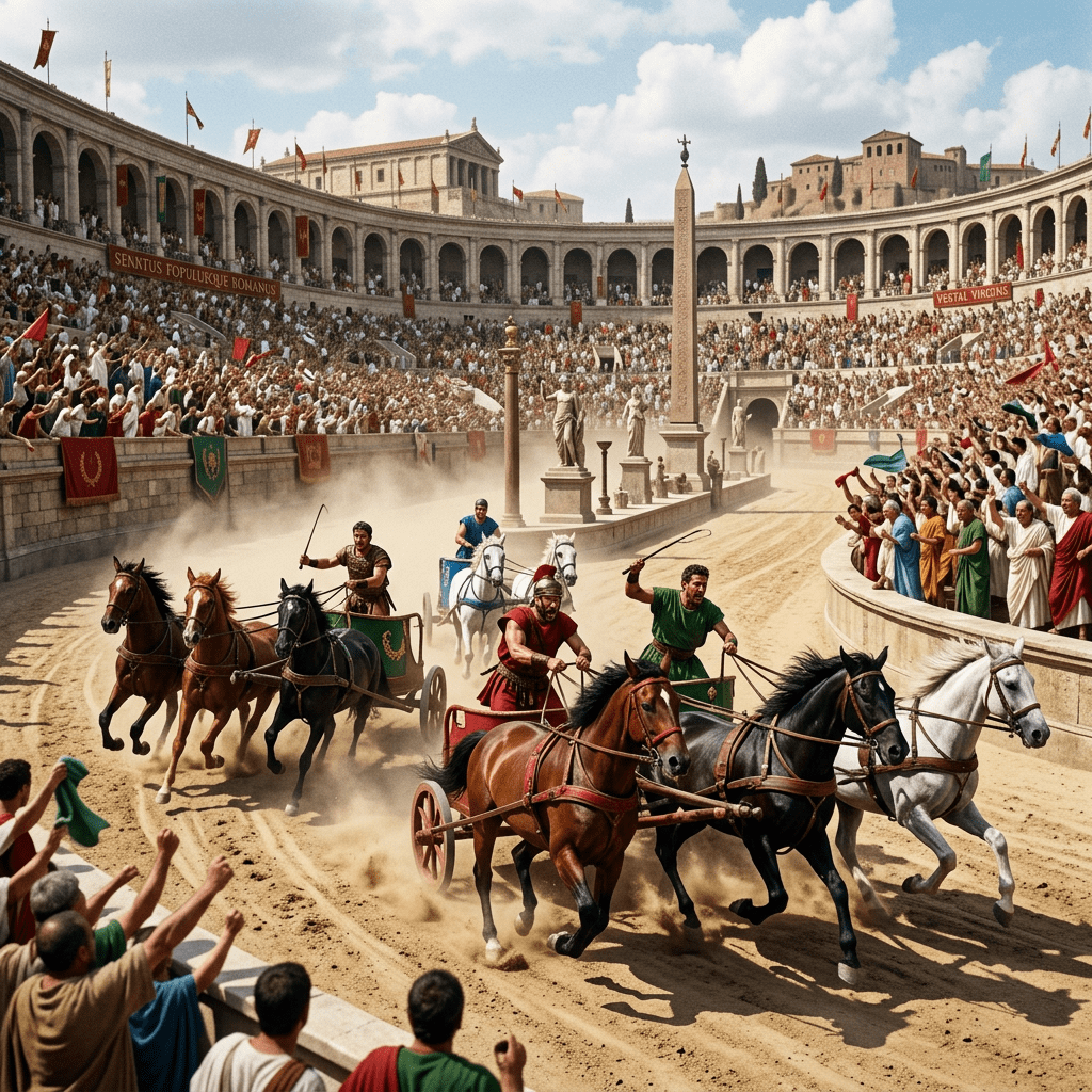 Four chariots racing on dirt track inside a large ancient Roman stadium with cheering crowds