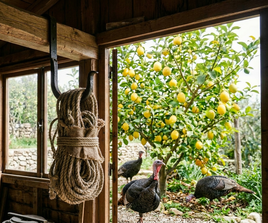 Rope coiled on hook attached to wooden post with lemon trees in background