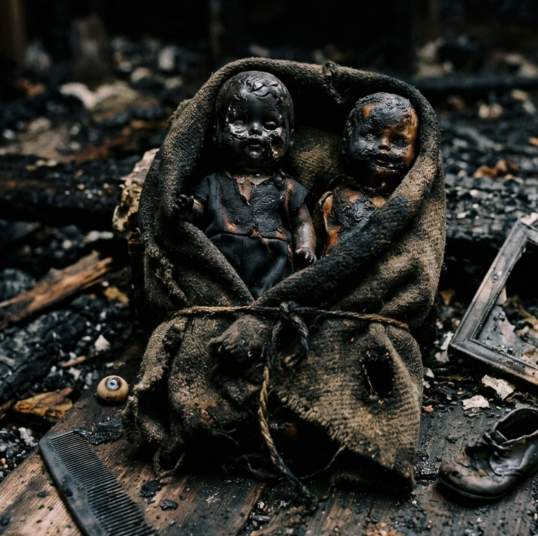 Two dolls with soot and burn marks wrapped in a dirty cloth among ashes and charred wood